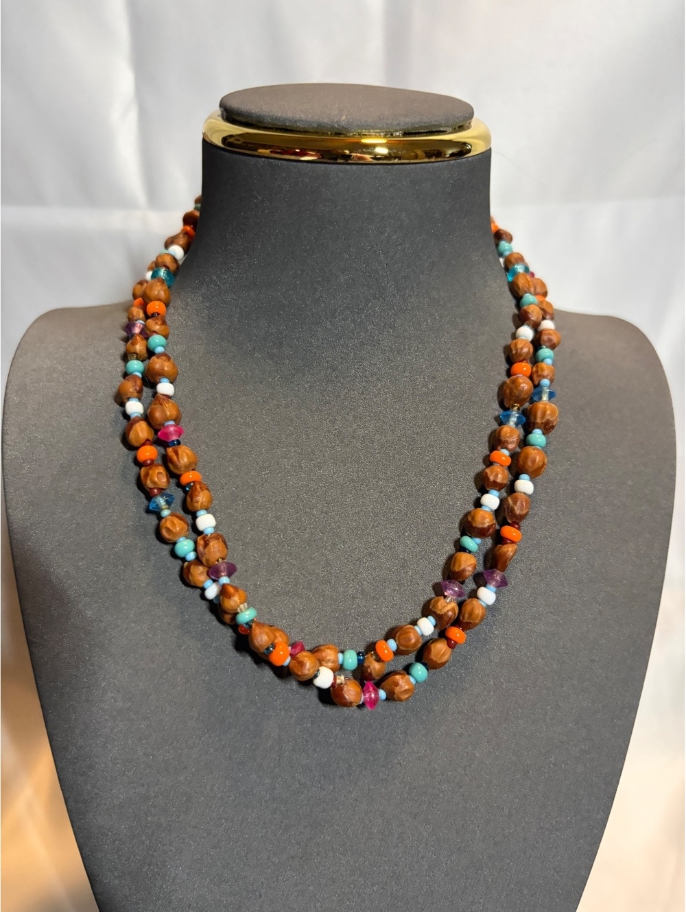 Multistrand wood and colorful bead necklace